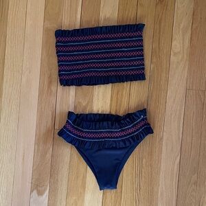 Mosman, Australia; Navy Smocked Ruffle Bikini Set with Pink & Light Blue Accents